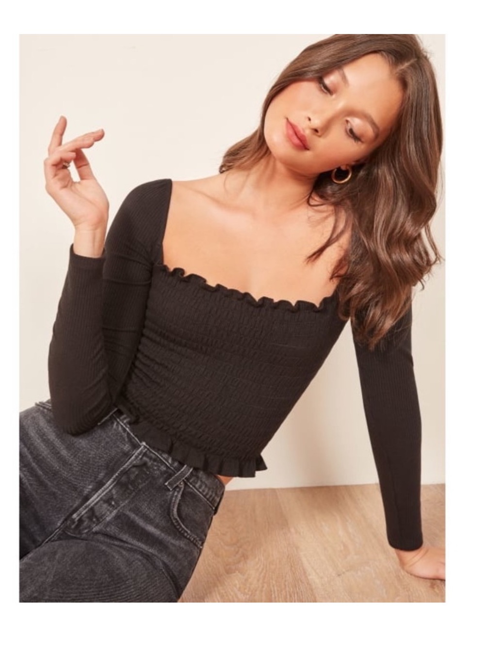 Reformation Black Square-Neck Smocked Long-Sleeve Top